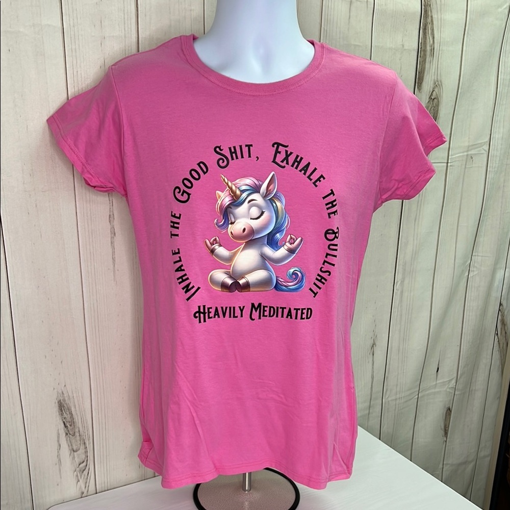 Gildan Funny Pink Unicorn Meditation T-Shirt